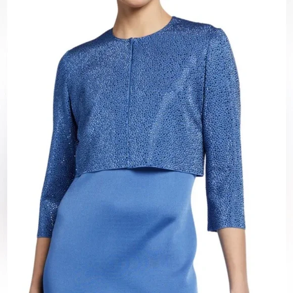 St John Liquid Milano Stud Knit Evening Crop Jacket Royal Blue Rhinestone Size 2 - Picture 2 of 9